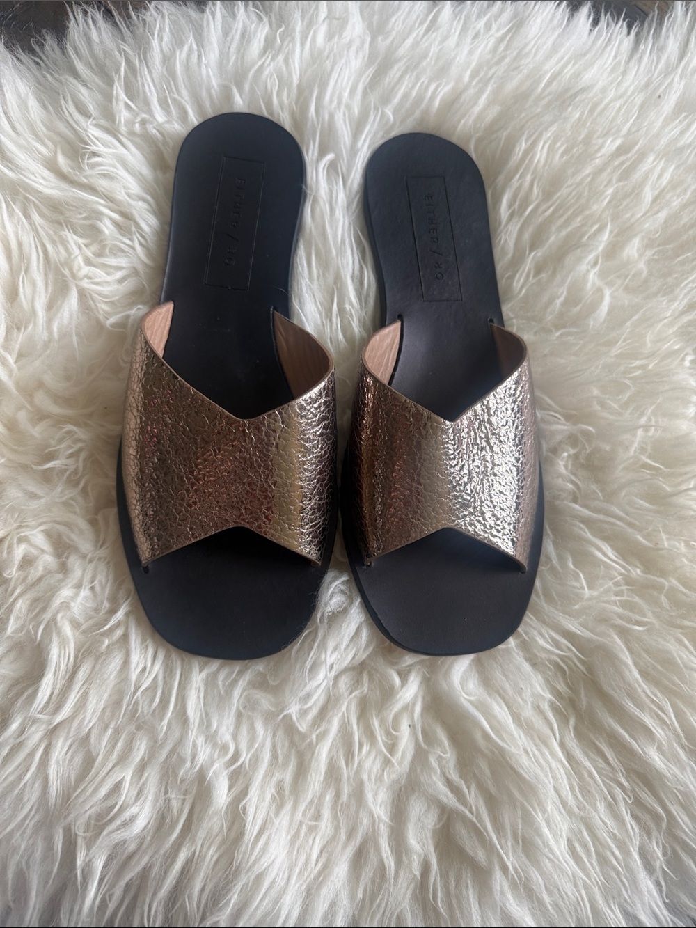 Women's Metallic Bronze Slide Sandals with Textured Upper